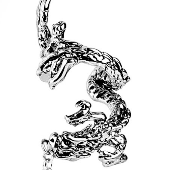 Flying Dragon Design Ear Cuff with Chain Linked Clear CZ set Stud Ear Rings - Picture 2 of 4